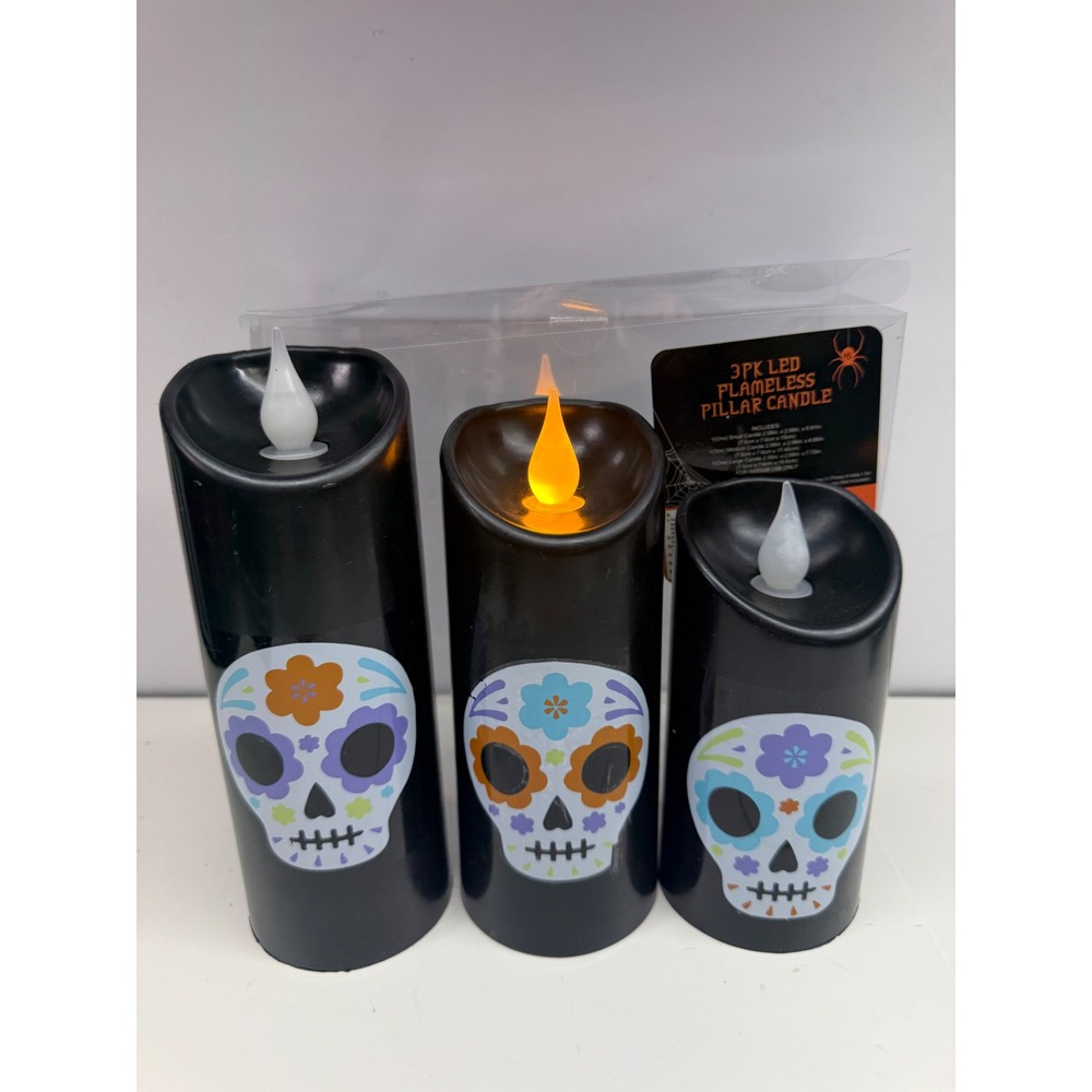 3PK LED Flameless Pillar Candle Set Black Sugar Skull Day of the Dead Halloween